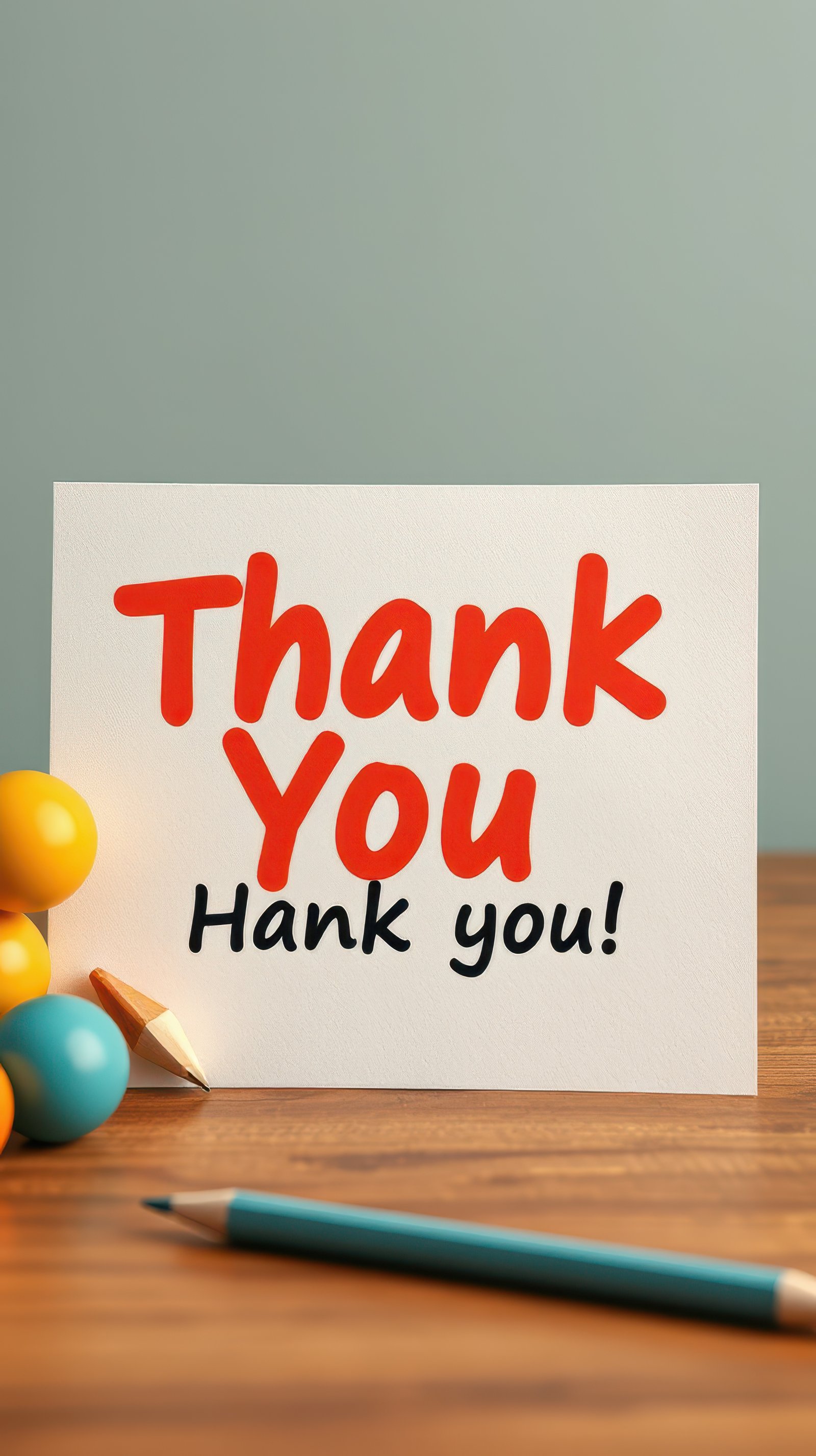 Thank you card with colorful wooden toys and a pencil on a wooden table
